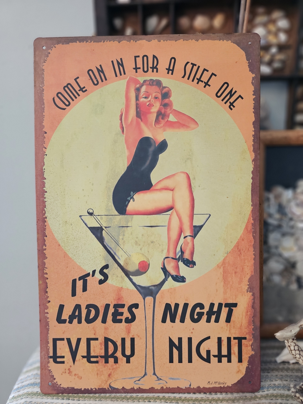 Retro Pin-Up Ladies Night Metal Wall Sign - Orange & Black